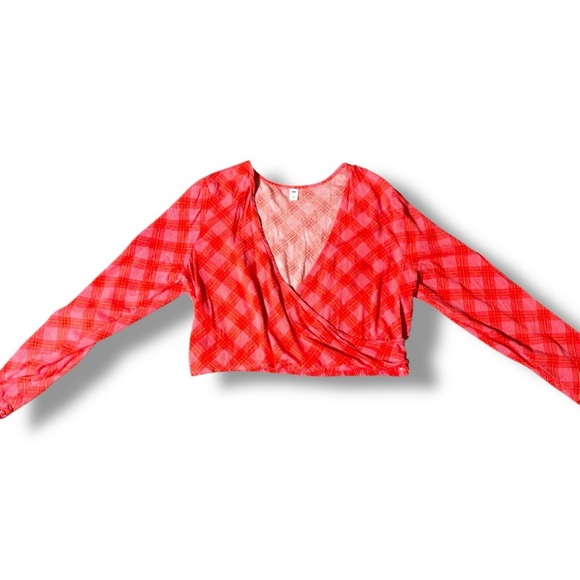 BP Vibrant Coral/Pink/Orange Plaid Long Sleeve V Neck Cropped Wrap Blouse - Picture 10 of 16